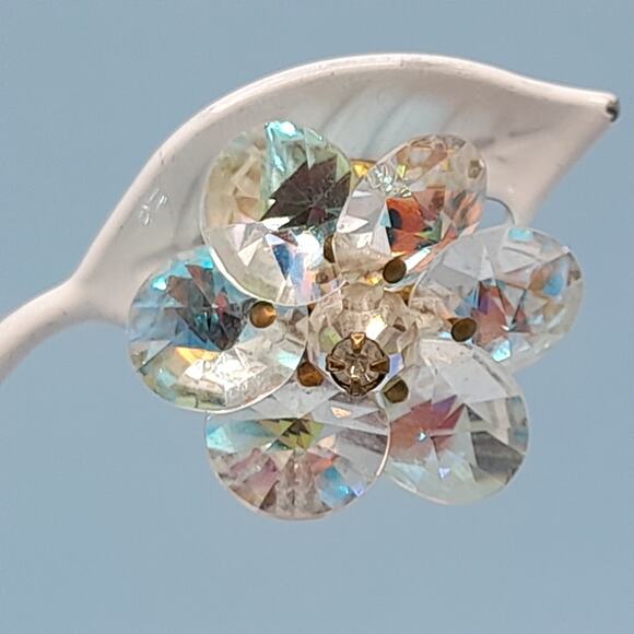 Vintage Aurora Borealis Clip-On Earrings Floral Crystal Beads 1950s Jewelry - Picture 6 of 11